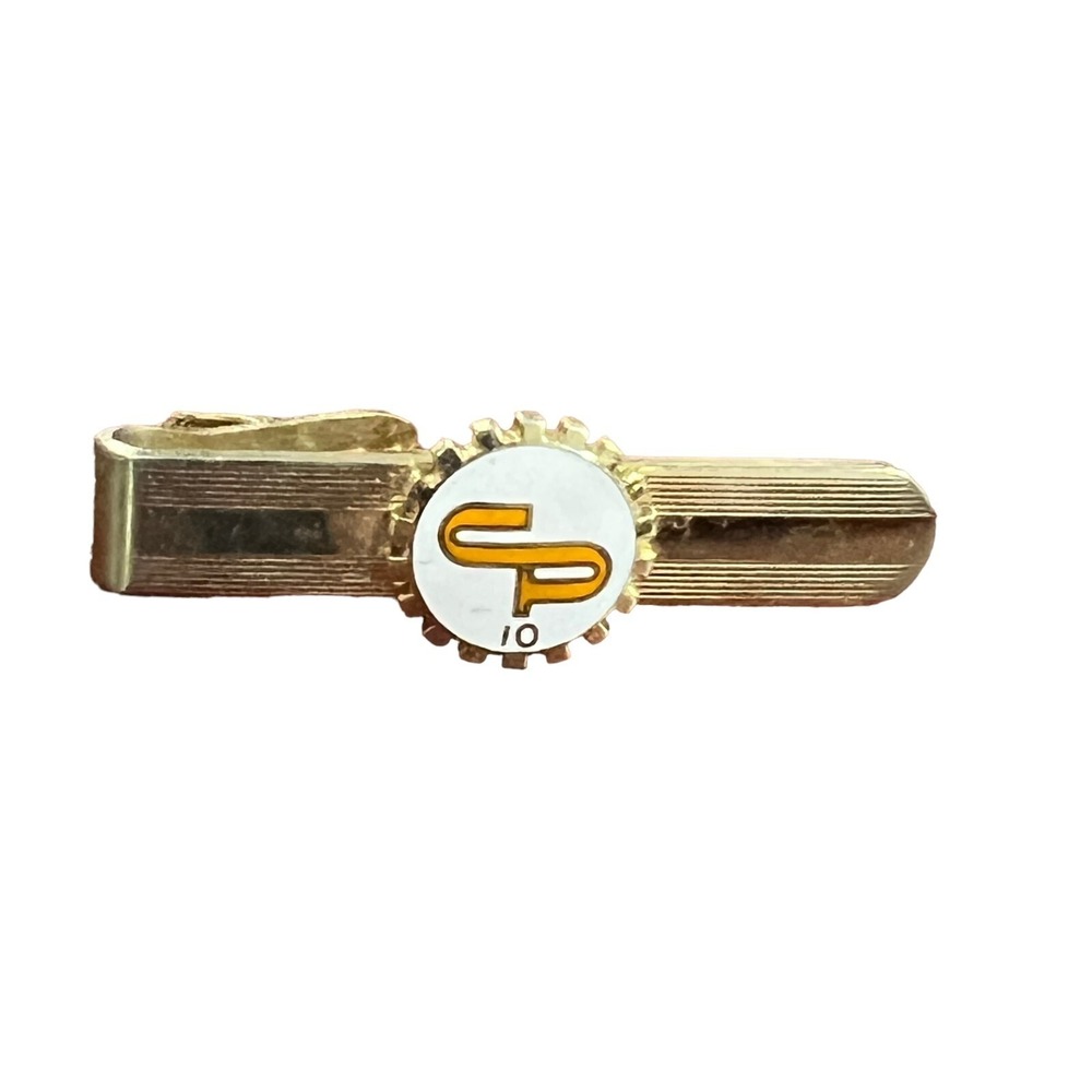 Vintage Tie‎ Bar Clip CP Logo 10 Years Gold Tone Enamel Made in the USA